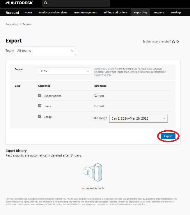 Autodesk Account: Export for nedlasting av rapporten