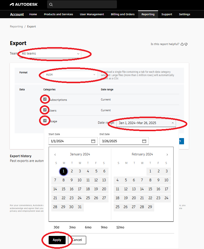 Eksportinnstillinger med All teams, XLSX, Categories og Date range
