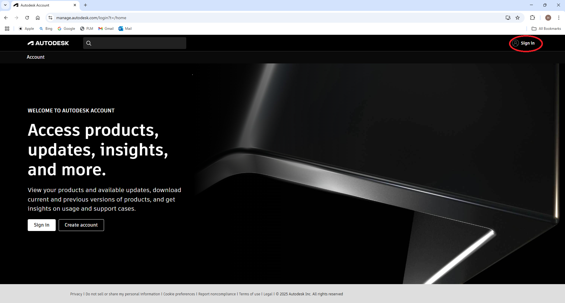 Innloggingssiden til Autodesk Account med Sign in