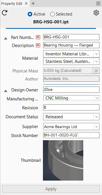 Property Edit-panel med egenskaper for en del i Inventor