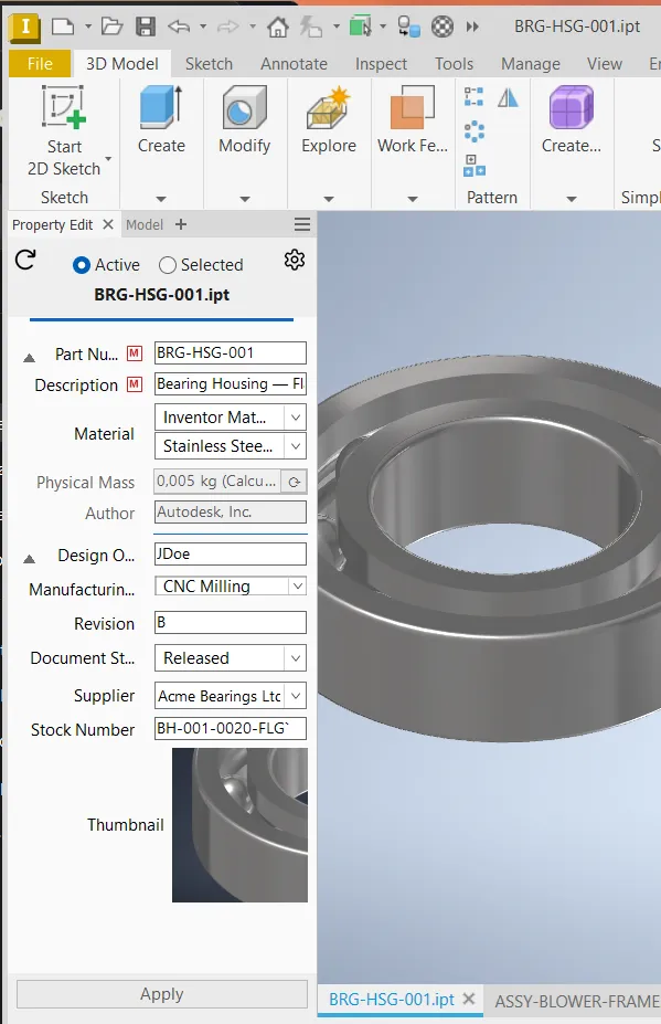 Flow-arbeidsmiljøet i Inventor med modell og dokket egenskapspanel
